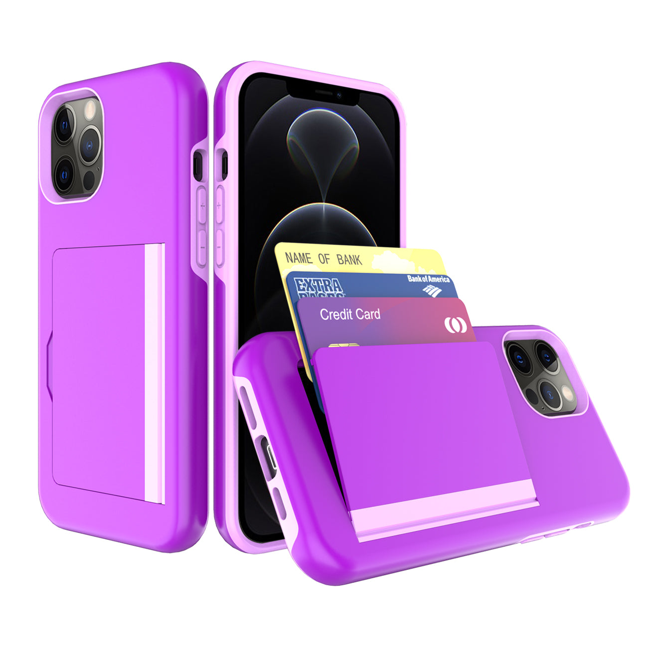 TPU PC Hybrid 2-in-1 Flip Card Holder Phone Case for Apple iPhone 12 / 12 Pro In Purple